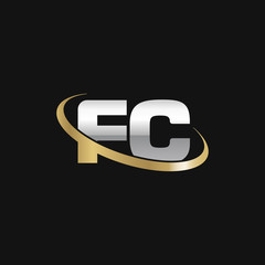 Initial letter FC, overlapping swoosh ring logo, silver gold color on black background