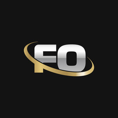 Initial letter FO, overlapping swoosh ring logo, silver gold color on black background