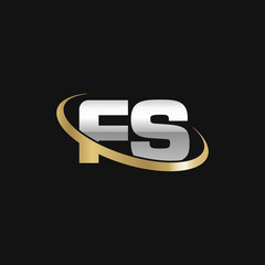 Initial letter FS, overlapping swoosh ring logo, silver gold color on black background