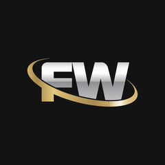 Initial letter FW, overlapping swoosh ring logo, silver gold color on black background
