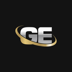 Initial letter GE, overlapping swoosh ring logo, silver gold color on black background