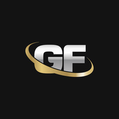 Initial letter GF, overlapping swoosh ring logo, silver gold color on black background