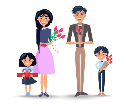 Family with Bouquets and Present Illustration