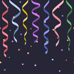 Seamless decorative serpentines with confetti, colorful ribbons on dark background, vector illustration, footer and banner for decoration