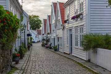 Evening view of Gamle Stavanger - historical area of Stavanger city with wooden houses, Norway