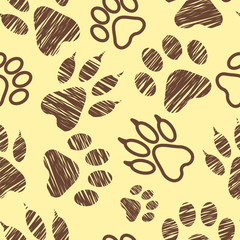 Seamless pattern with animal footprints, pet paw stamps on white background, hatched animal steps, trials and traces, vector illustration