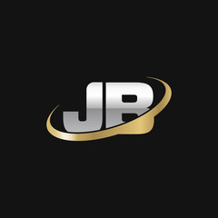 Initial letter JB, overlapping swoosh ring logo, silver gold color on black background