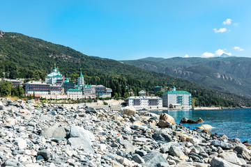 Beautiful view of the monastery of St. Panteleimon. Mount Athos