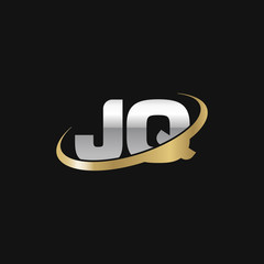 Initial letter JQ, overlapping swoosh ring logo, silver gold color on black background