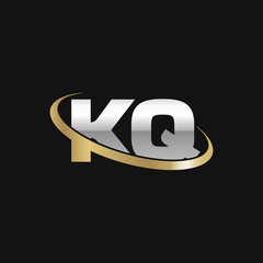 Initial letter KQ, overlapping swoosh ring logo, silver gold color on black background