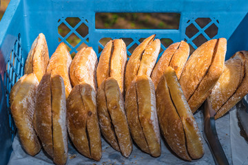 Brötchen in blauer Kiste