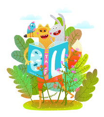 Funny animals in nature reading books. Vector cartoon.