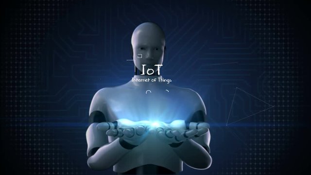 Robot, cyborg opens two palms, Hand drawing Internet of things icon.1. 4k movie.