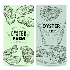 Oyster farm cards. Design template with oysters and cutlery. Engraved style.  Vector illustration 