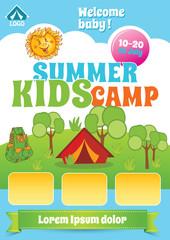 Kid Summer Camp Template, Camping Flyer, Summer Holiday advert, tourism vector background