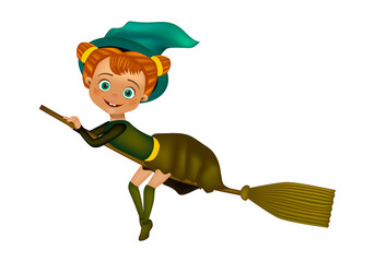 Cartoon little witch flying use a broomstick.  Halloween witch vector illustration