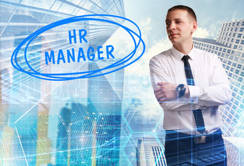 The concept of business, technology, the Internet and the network. Young businessman showing inscription: HR manager
