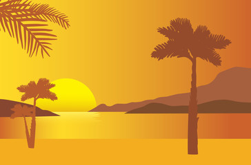 Sandy beach on the sea shore with rising sun and palms under orange morning sky