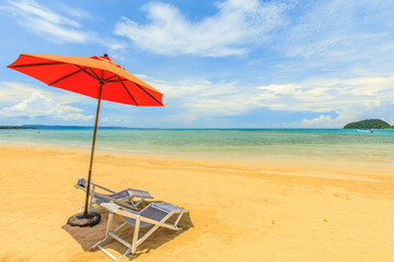 Red mbrella and chair on the tropical beach in  Koh Mak island, Trat province,Thailand