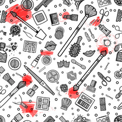Makeup seamless pattern. Illustrations of different cosmetics. Lipstick and pomade, brushes for make up glamour. Vector background