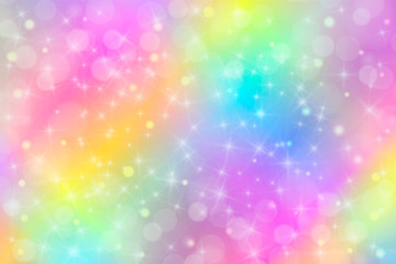 Holographic vector illustration in pastel color. Galaxy fantasy background. The Pastel sky with rainbow for unicorn. Clouds and sky with bokeh.