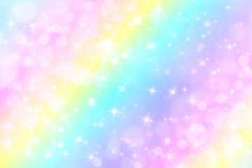 Holographic vector illustration in pastel color. Galaxy fantasy background. The Pastel sky with rainbow for unicorn. Clouds and sky with bokeh.