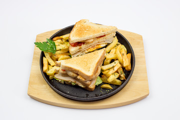 Chicken sandwich in toast bread, with French fries as a bowl, on a white background, restaurant, served