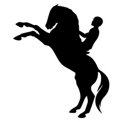 A silhouette of a rider on a horse. A horse standing on its hind legs.