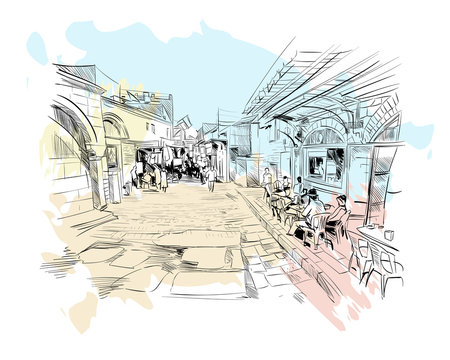 Israel. Streets of Jerusalem. Hand drawn sketch. Vector illustration.