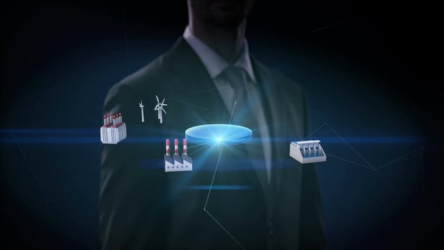 Businessman touching Smart Factory, solar panel, wind generator, Hydroelectricity connect Internet of things, green energy. 4k movie.