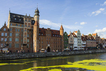 Ancient colored houses on the promenade of the river in Gdansk. Poland