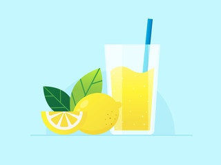 Lemonade Juice with Fresh Lemon. Flat Design Style. 