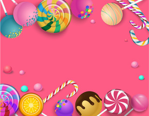 Pink background with color lollipops.