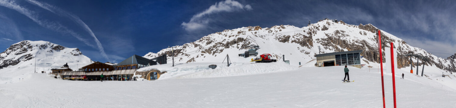 zugspitze mountain station and schneeferner glacier high definition panorama in the winter