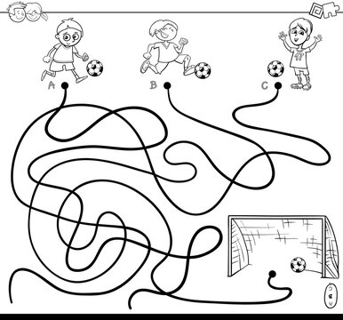 maze with kid and soccer coloring book