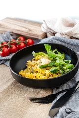 tasty fusilli pasta Italian meat sauce pasta on the table