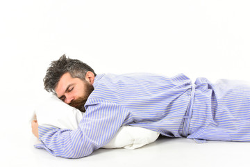 Man with messy hair sleep, heavy sleeper, white background.