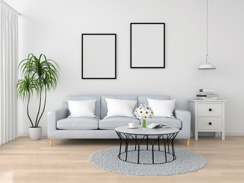 Blank photo frame for mockup on wall in living room, 3D rendering