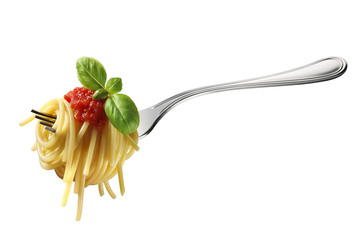 Fork of spaghetti with tomato sauce and basil - obrazy, fototapety, plakaty