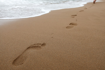 Close up of footprints in wet sand on the beach at sunset. Concept for traveling to tropical / exotic places, vacation and holiday.