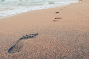 Close up of footprints in wet sand on the beach at sunset.