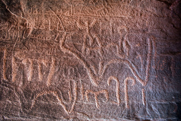 Nabatean and Thamudic inscriptions on rock in Wadi Rum desert