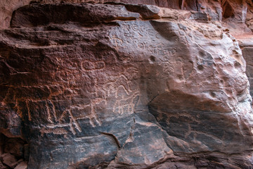 Nabatean and Thamudic inscriptions on rock in Wadi Rum desert
