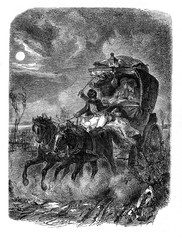 Couple take a romantic night drive with full moon, old print