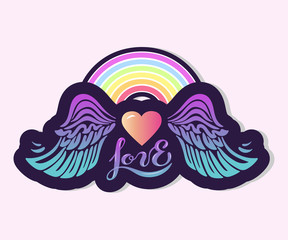 Love text with Heart, Rainbow and wings on background. Hand drawn lettering Love as logo, badge, icon, patch. Template for lgbt community, invitation, party, greeting card, web, hippie.