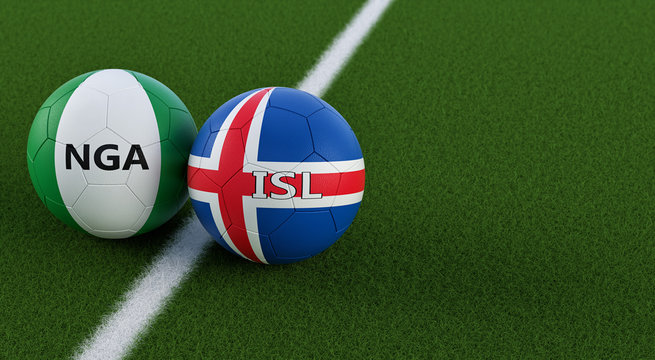 Nigera vs. Iceland Soccer Match - Soccer balls in Nigeria and Iceland national colors on a soccer field. Copy space on the right side - 3D Rendering 