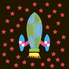 Rocket and stars on the black sky
