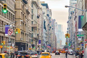 Broadway in New York City with people and cars - obrazy, fototapety, plakaty