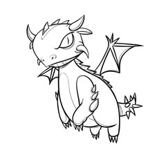 Hand Drawn Baby Dragon Character. Black and white sketch version without color.