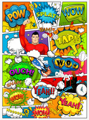 Comic book page divided by lines with speech bubbles, rocket, superhero and sounds effect. Retro background mock-up. Comics template. Illustration